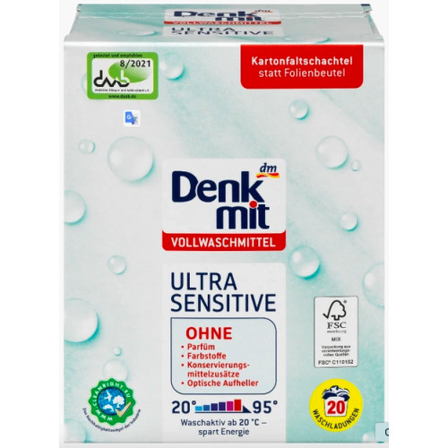 Пральний порошок для дитячих речей Denkmit Ultra Sensitive Vollwaschmittel 20 прань,1,35 кг